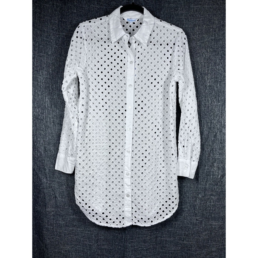 NWT Blue Island Sz S Swim Cover Up Eyelet Dress Shirt White 100% Cotton Top New